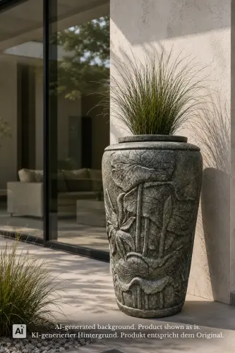 Product image of the product “Pot with Lotus Leaf Ornaments, 100 cm Height, 60 cm Dia, Natural Stone ”
